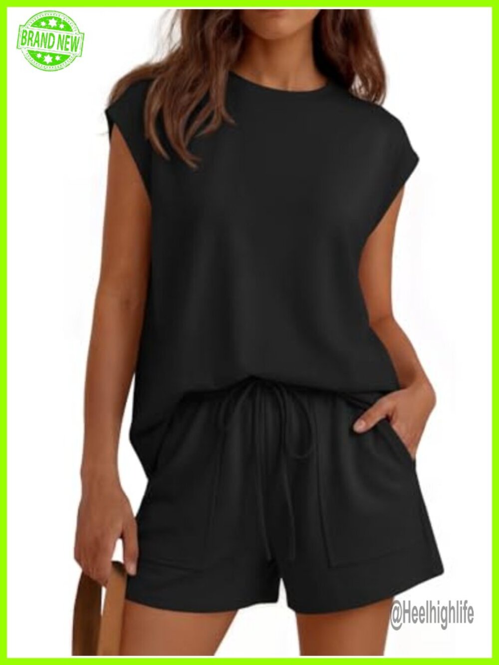 Women's Cap Sleeve Drawstring Short Set with Pockets